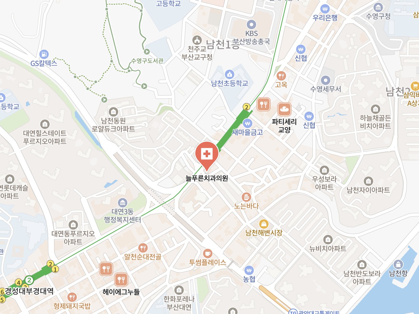 늘푸른치과의원 위치 — 부산광역시 수영구 수영로 384, 3층 (남천동, 수영빌딩)