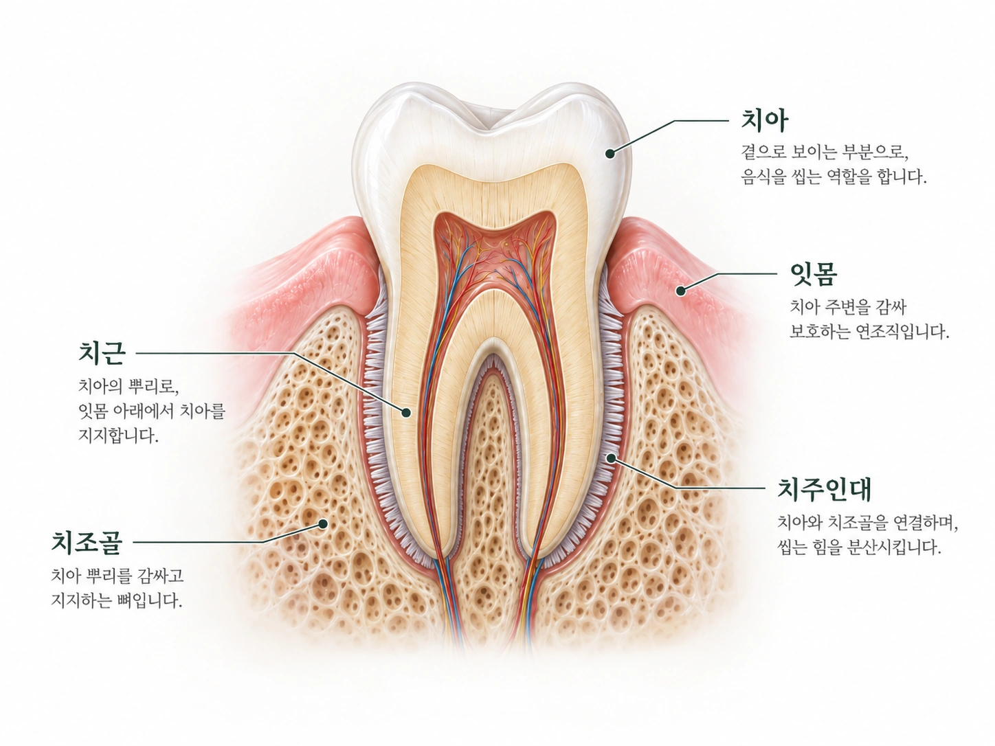 치아와 주변 잇몸·치주인대·치조골의 구조 설명